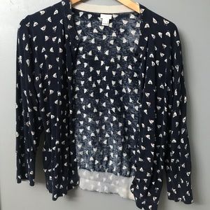 J Crew Cardigan, Navy Chicken Print